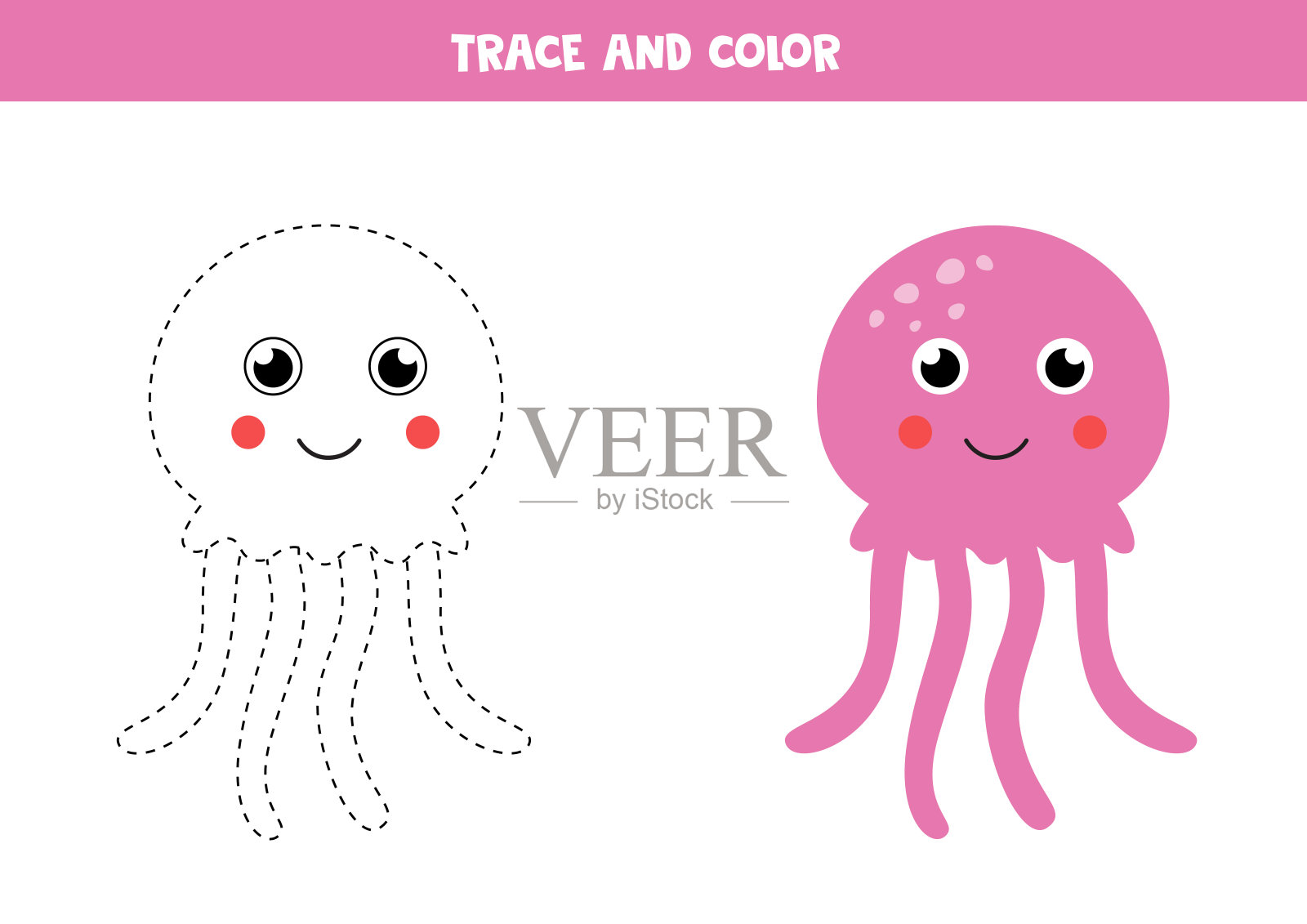 描画和着色可爱的粉色水母。插画图片素材