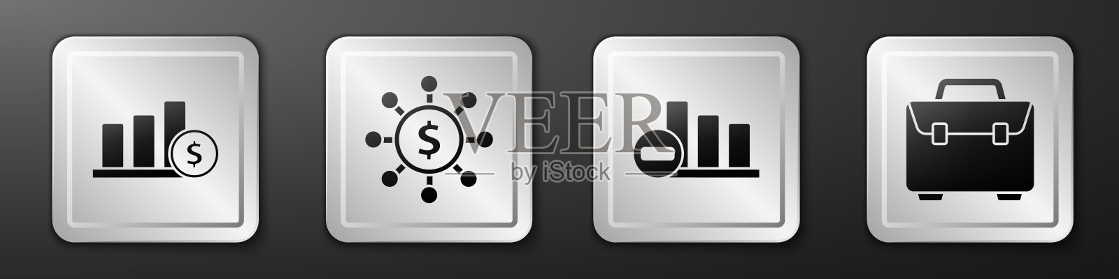 设置饼图信息图和美元，美元，分享，网络，饼图信息图和公文包图标。银广场按钮。向量图标素材