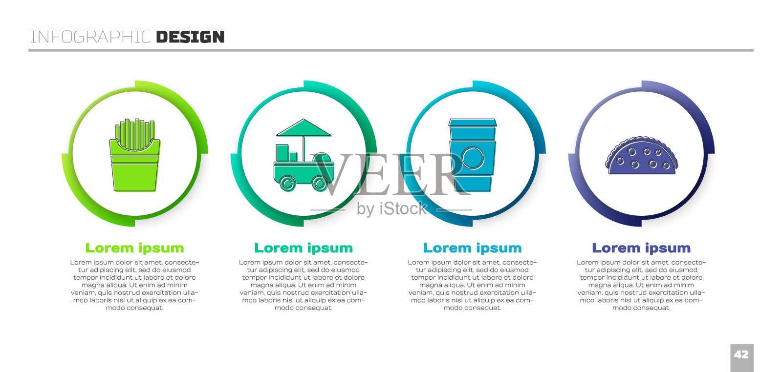 设置土豆薯条盒，快速街头食品车，咖啡杯和墨西哥玉米卷。业务信息图模板。向量设计模板素材