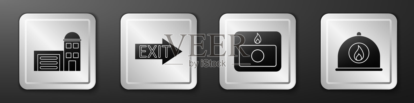 设置消防站建筑、消防出口、消防报警系统和消防头盔图标。银广场按钮。向量图标素材