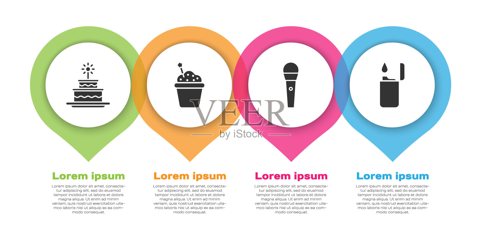 设置蛋糕与燃烧蜡烛，蛋糕，卡拉ok麦克风和打火机。业务信息模板。向量设计模板素材