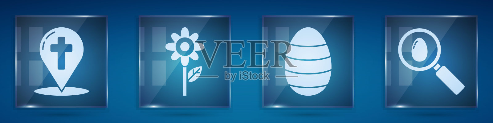 Set Map pointer with christian cross, Flower, Easter egg and Search and Easter egg。方形玻璃面板。向量插画图片素材