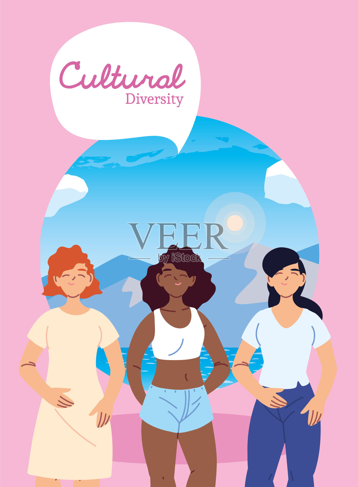 女性动漫面前的景观文化多元向量设计插画图片素材