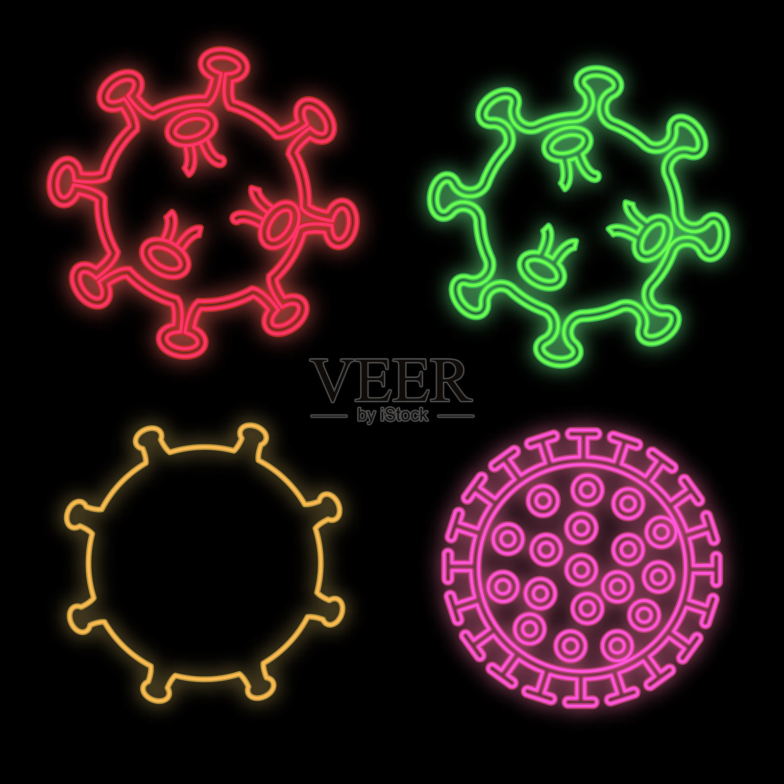 药学医院实验室的一套明亮的彩色医学科学霓虹灯，美丽闪亮，以covid - 19冠状病毒大流行病毒为黑色背景。矢量图插画图片素材
