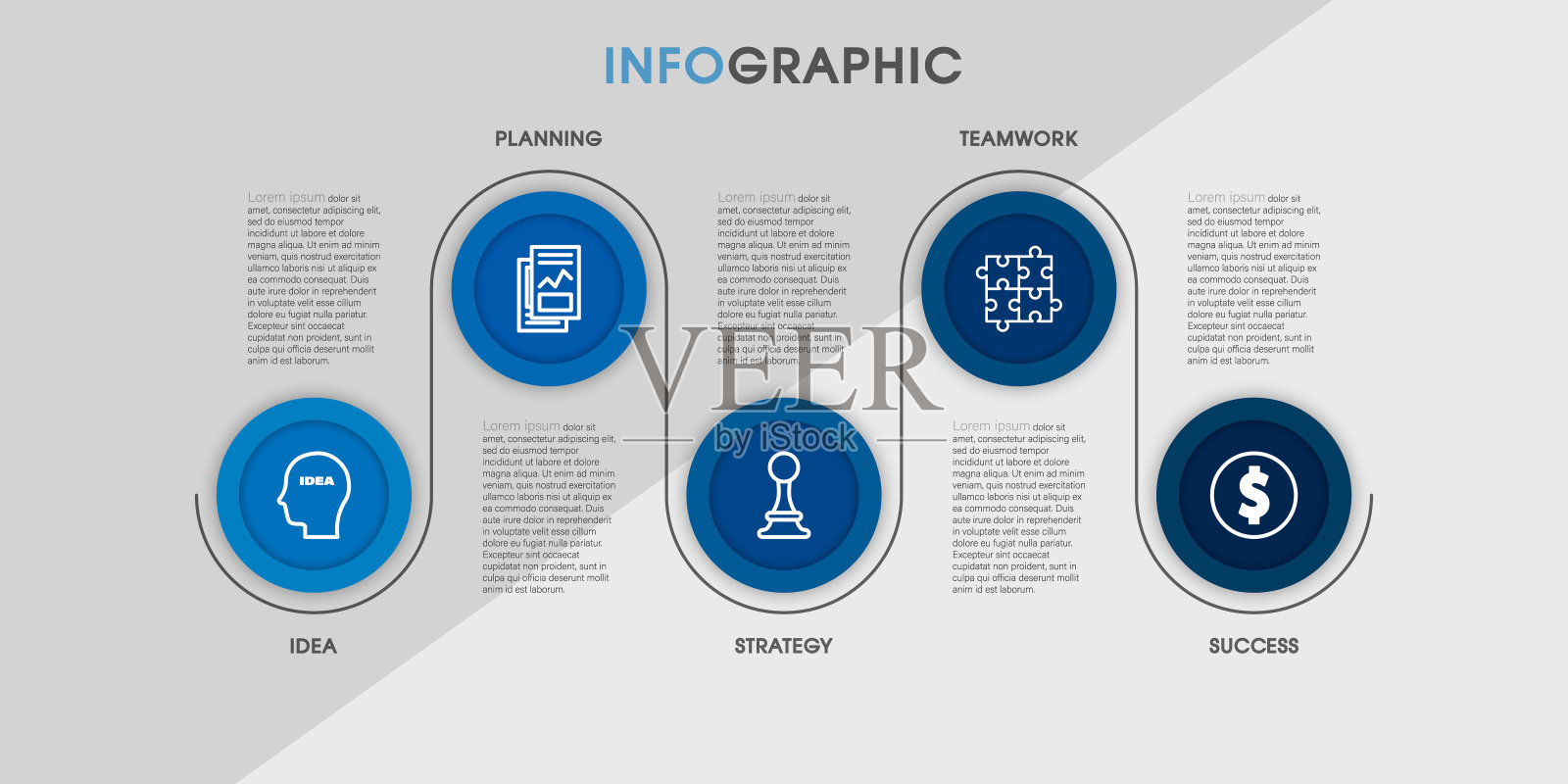 业务信息模板。时间轴有5个步骤，标签。矢量图元素。插画图片素材