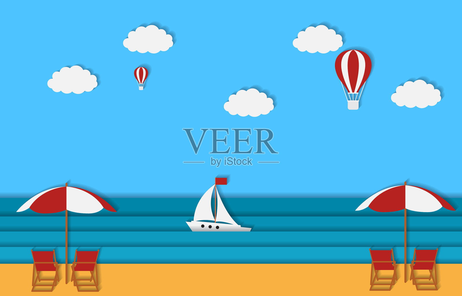 蓝色的海浪沙滩剪纸艺术风格插画图片素材