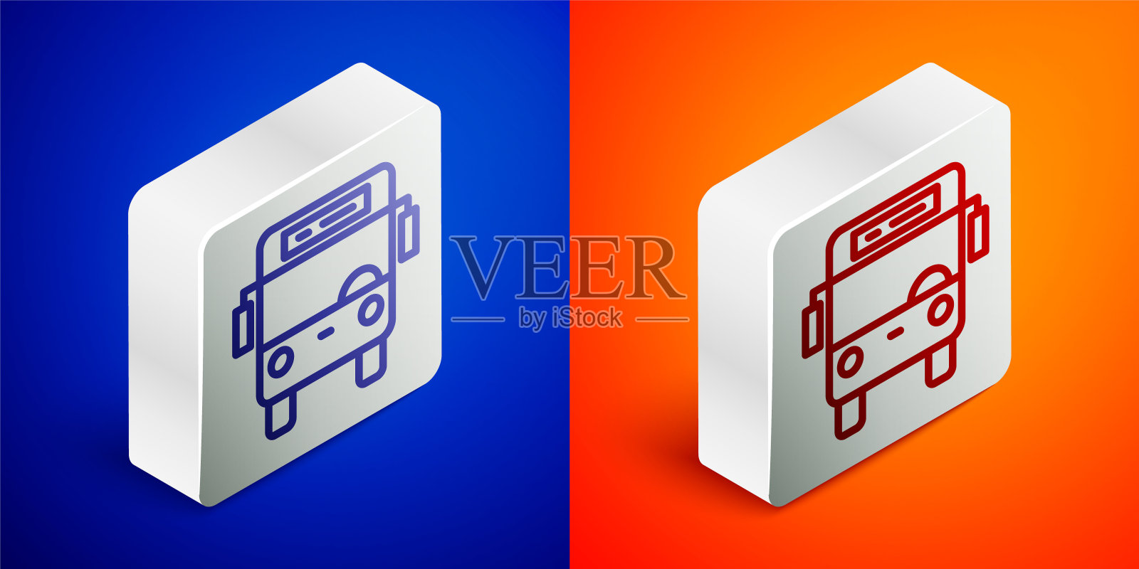 等距线总线图标隔离在蓝色和橙色背景。运输的概念。巴士旅游交通标志。旅游或公共交通工具标志。银广场按钮。向量图标素材