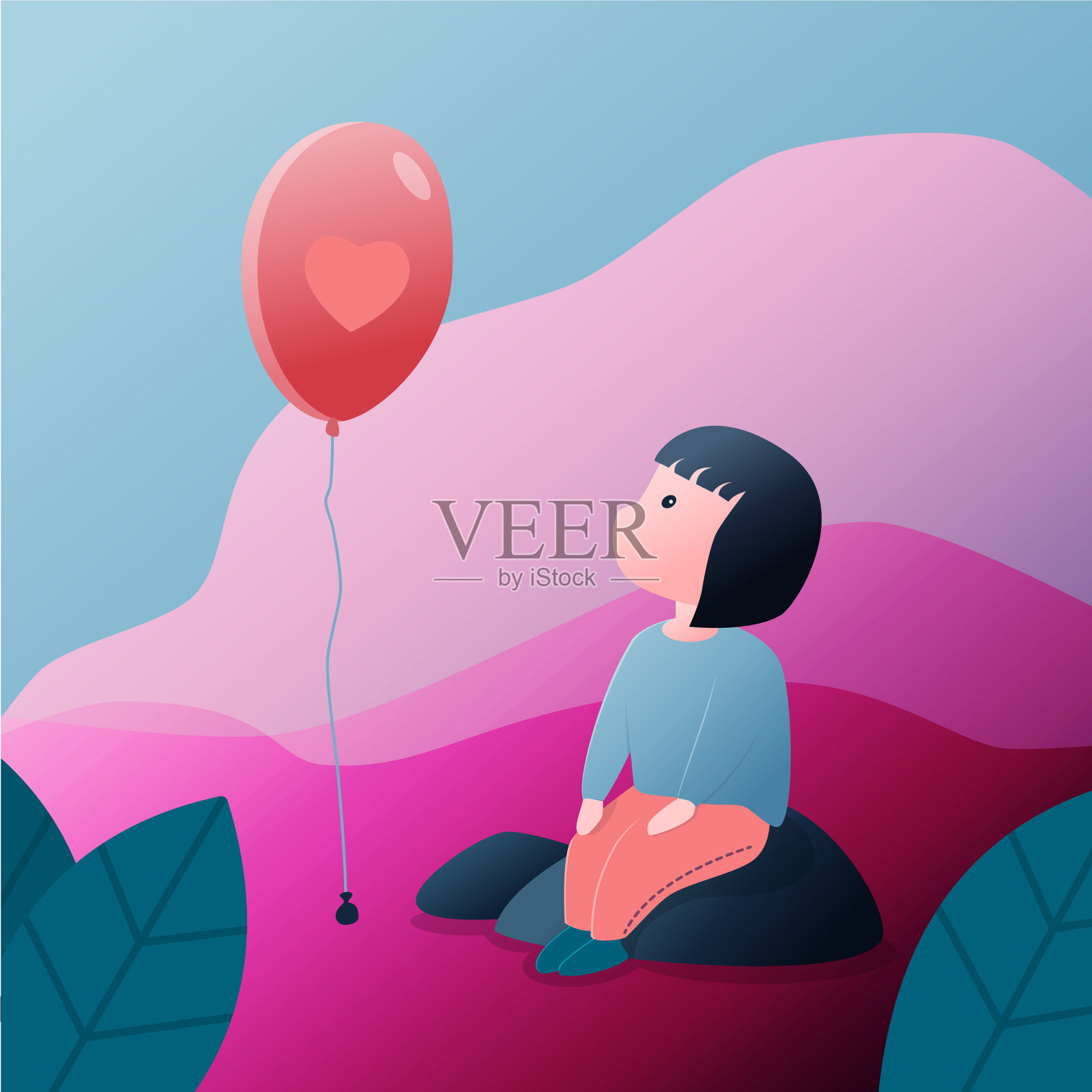 小女孩独自坐着看气球瘪了插画图片素材