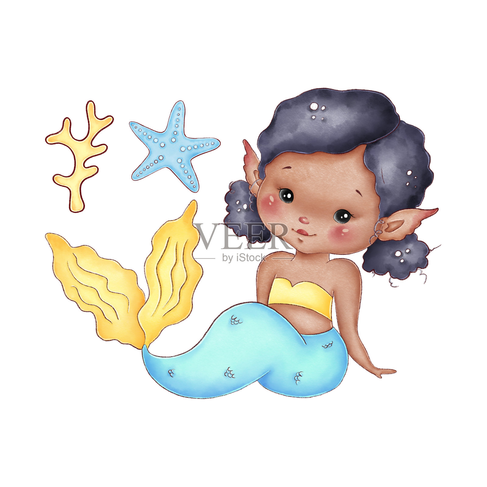 可爱的卡通非洲小美人鱼插画图片素材