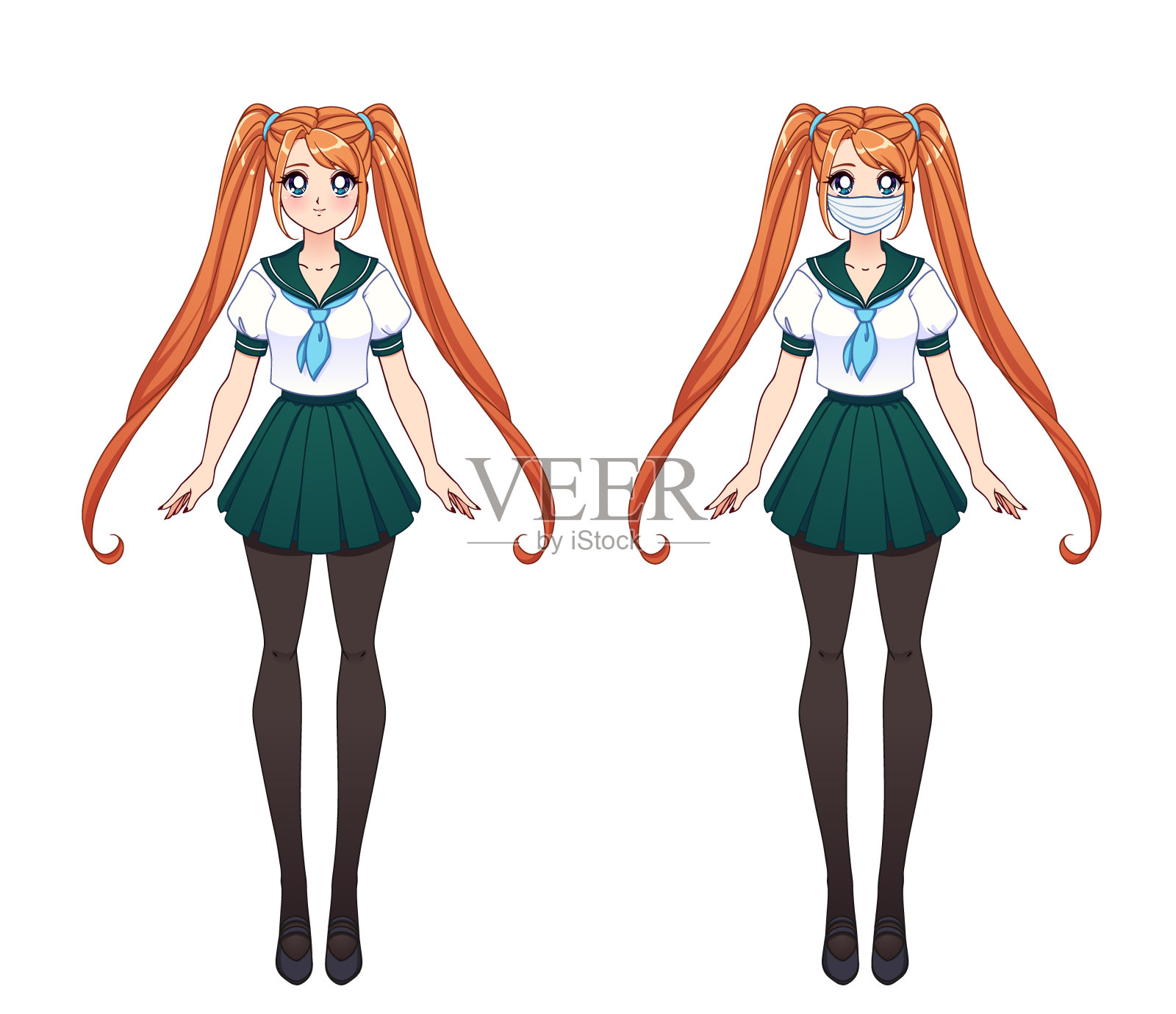 一套两个动漫女孩。可爱的女孩，大眼睛，穿着日本校服和医用口罩。手绘矢量插图孤立在白色。插画图片素材