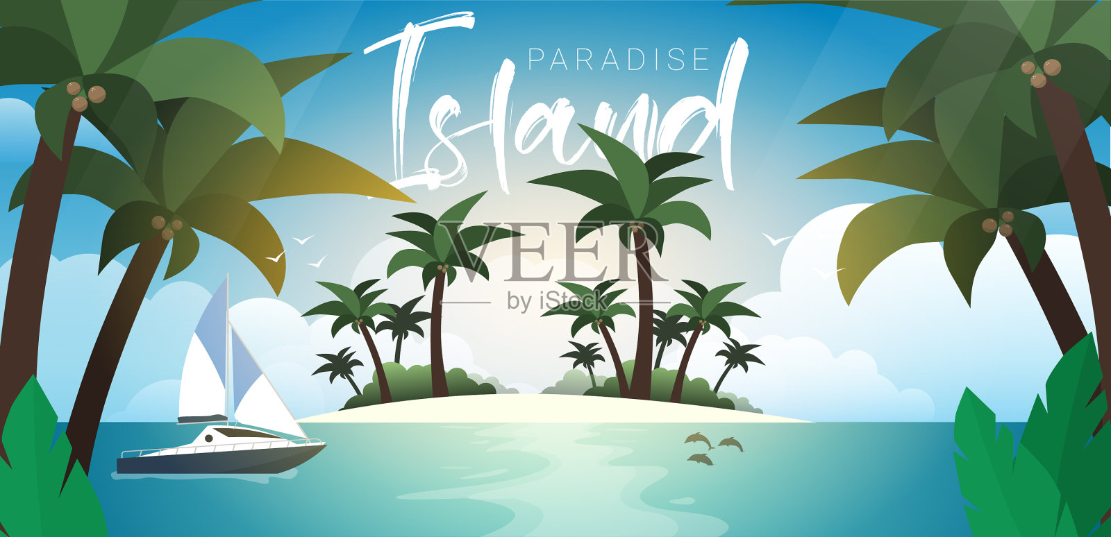热带岛屿海滩与棕榈树夏季时间插画图片素材