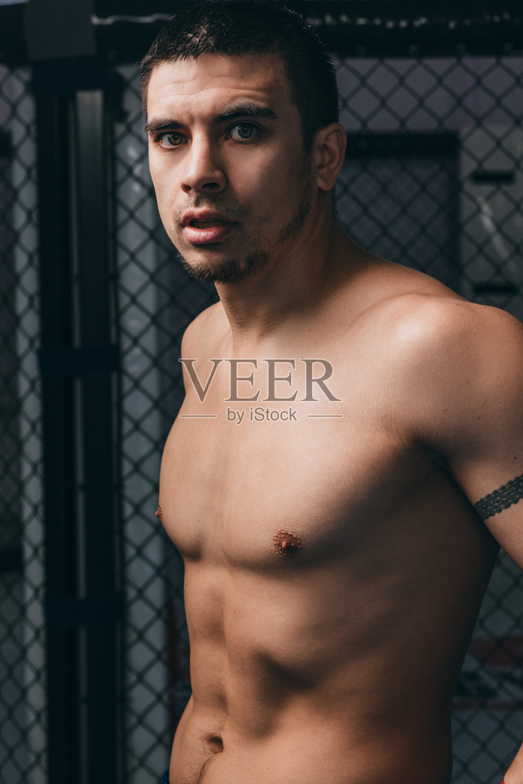 拳击手表现出强壮的臂膀，握紧拳头，准备与对手搏斗照片摄影图片