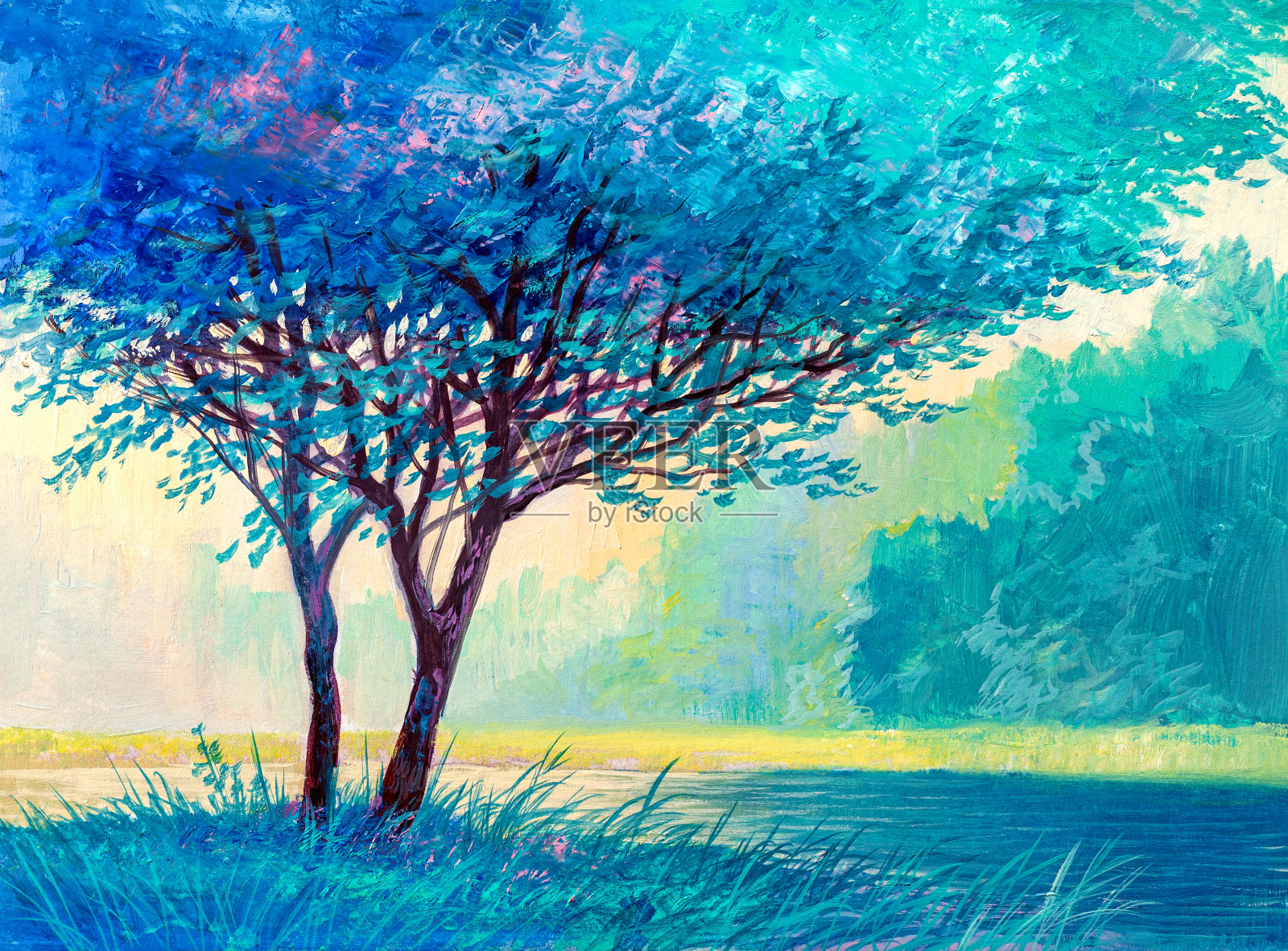 油画风景，美丽的河流。插画图片素材