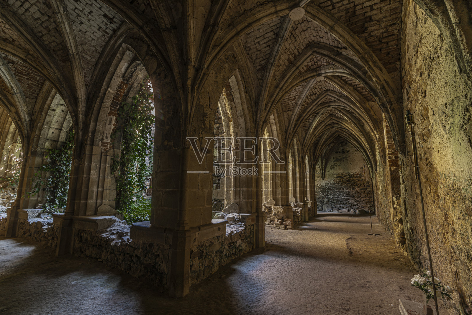 Dolni Kounice村古老修道院废墟中的拱廊，在炎热阳光明媚的夏天照片摄影图片