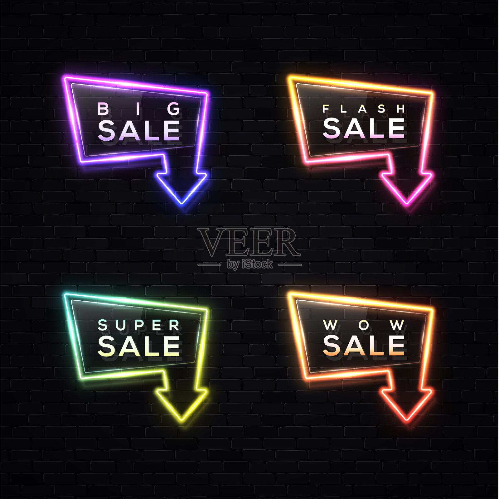 大减价霓虹灯箭头标志设置在黑色背景设计元素图片