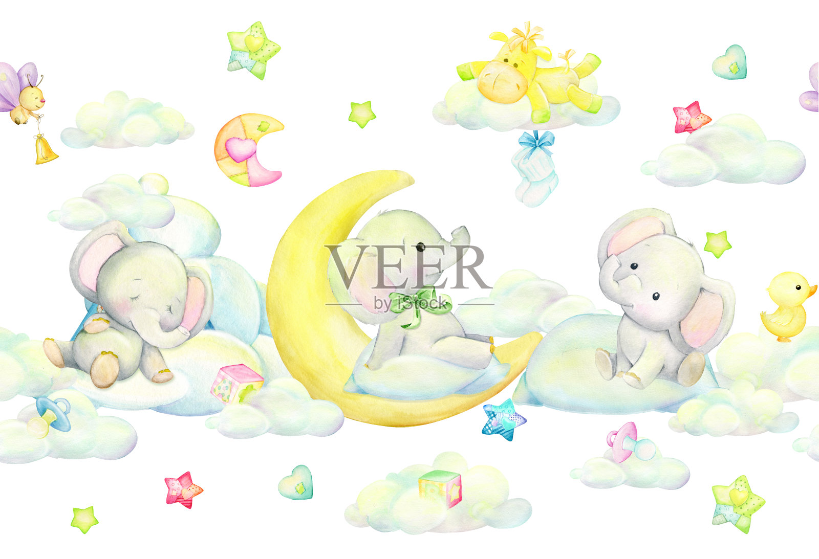 可爱的小象，坐着，睡着，在月亮和云彩上，周围有蝴蝶，马，小鸭子和星星。水彩无缝模式，在一个孤立的背景上，在卡通风格。插画图片素材