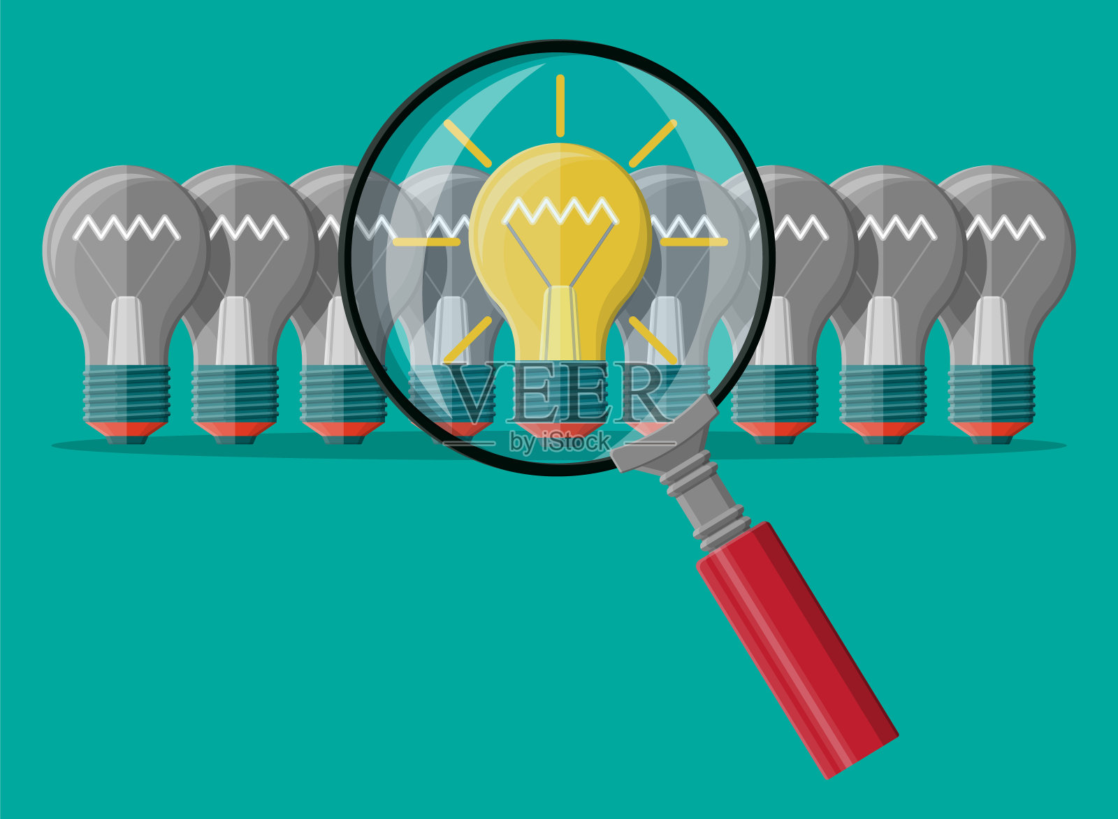 放大镜下明亮的灯泡。插画图片素材