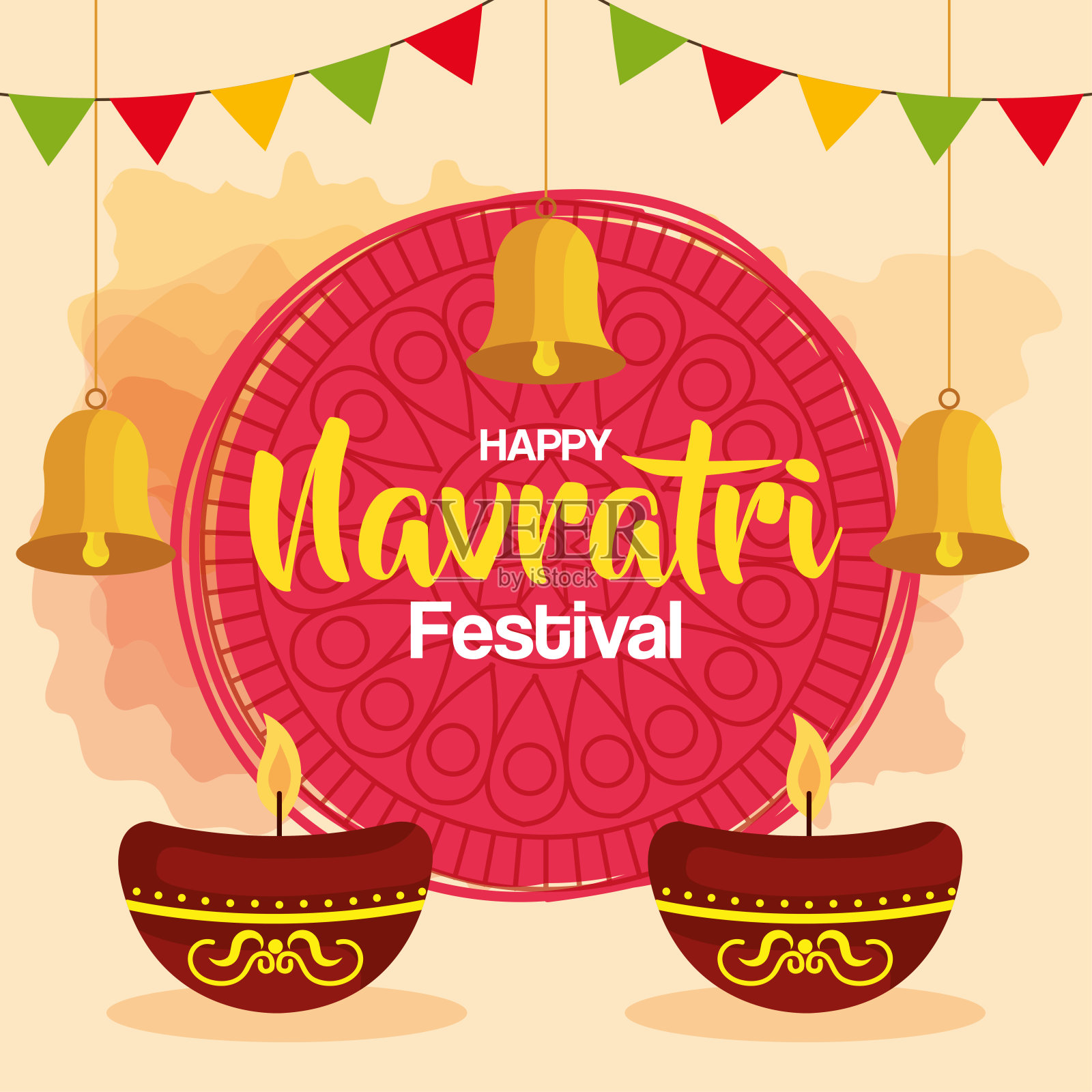 快乐的navratri庆祝海报与蜡烛在陶瓷锅和装饰设计模板素材