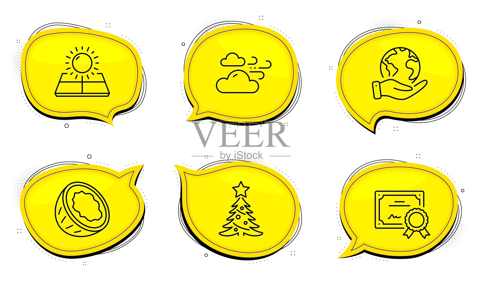 多风的天气，太阳能和圣诞树图标集。椰子的迹象。云风，太阳能板，云杉。向量图标素材