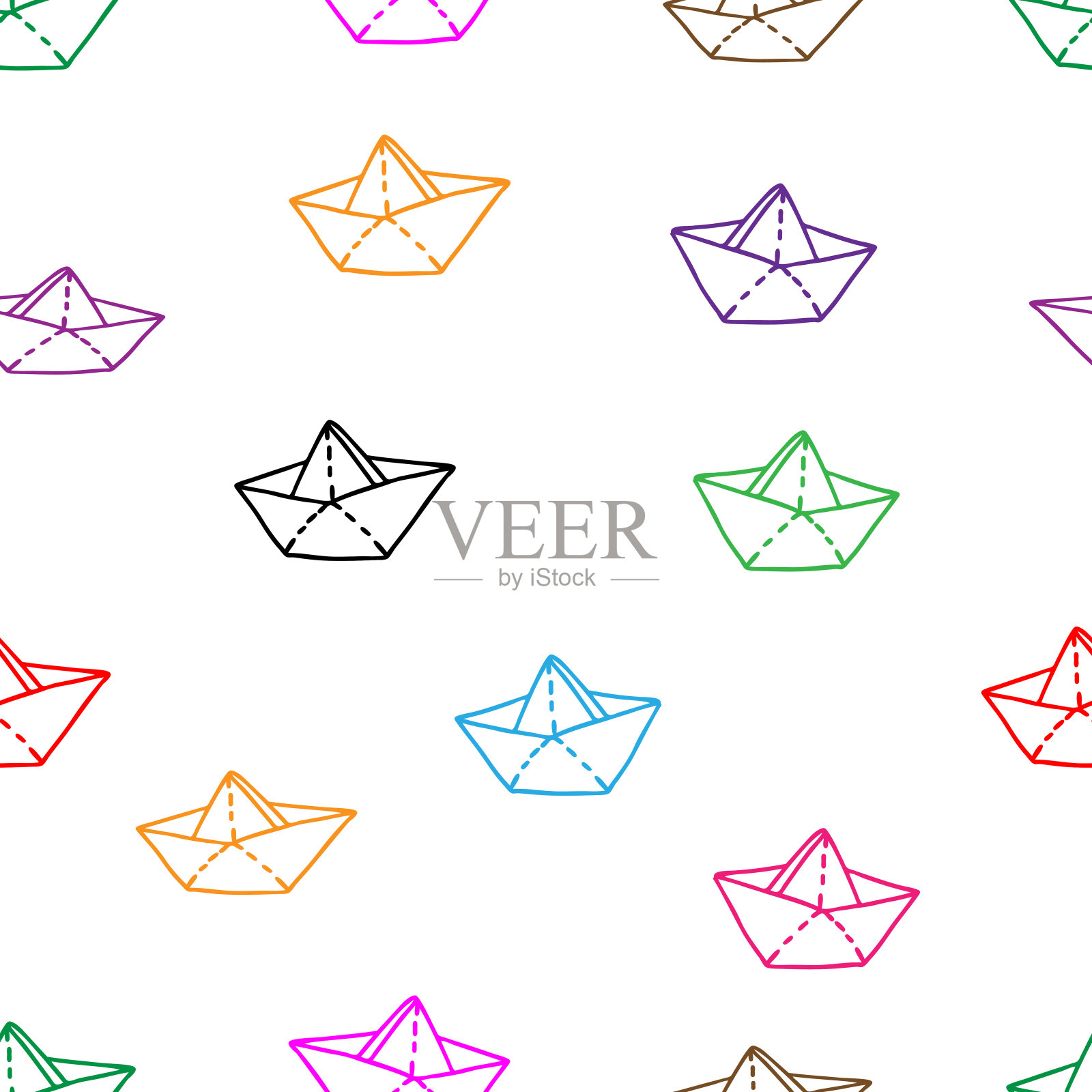 美丽的手工绘制彩色矢量插图组折纸玩具船孤立在白色背景着色书儿童。无缝模式插画图片素材