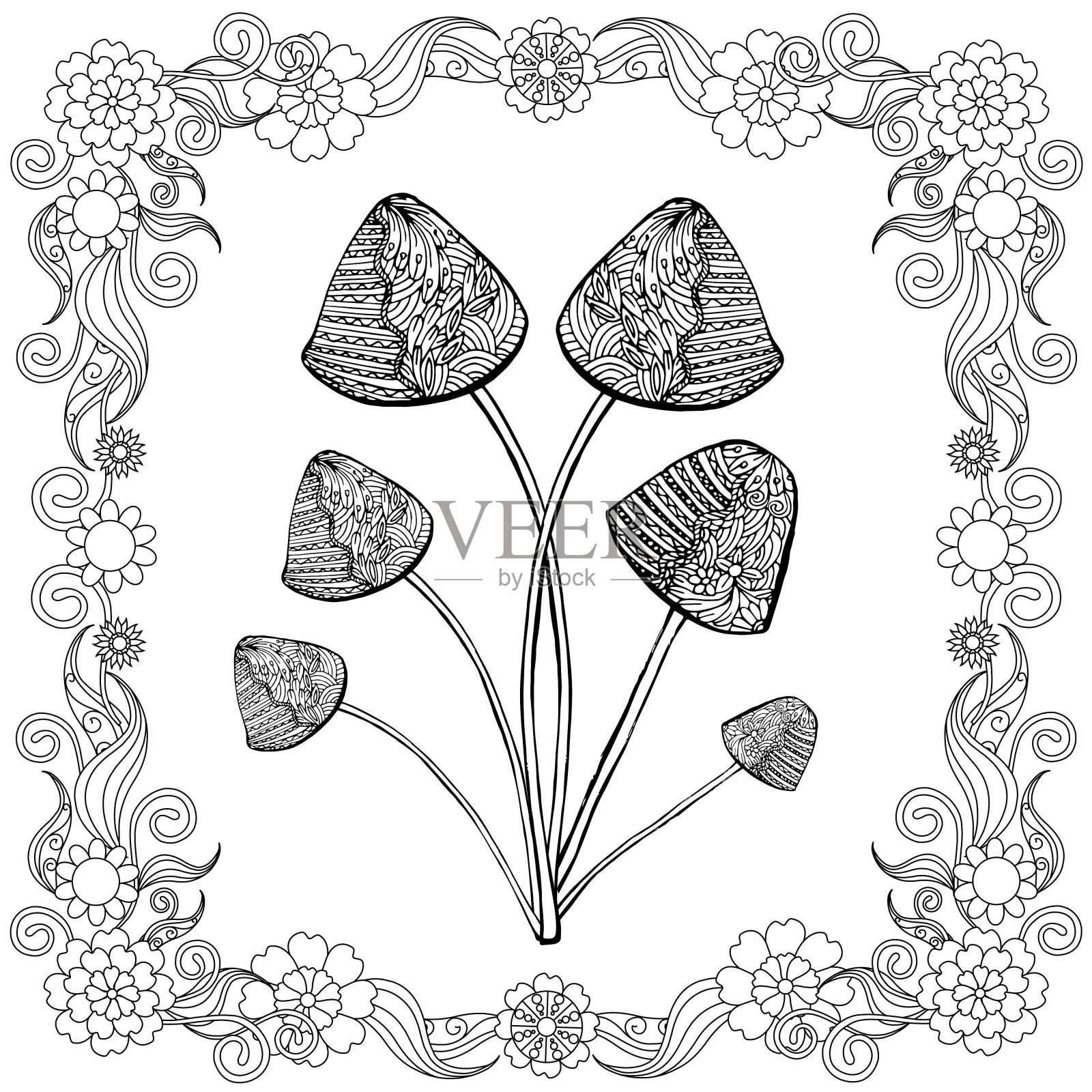 蘑菇涂鸦在花框架艺术单色设计股票矢量插图插画图片素材