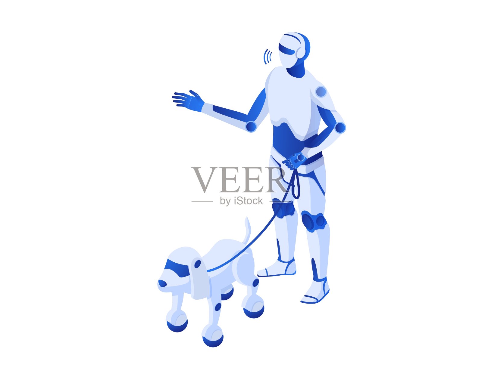 机器人行走机器人等距..机器人插图人形白色半机械人机器人帮助科技未来。插画图片素材