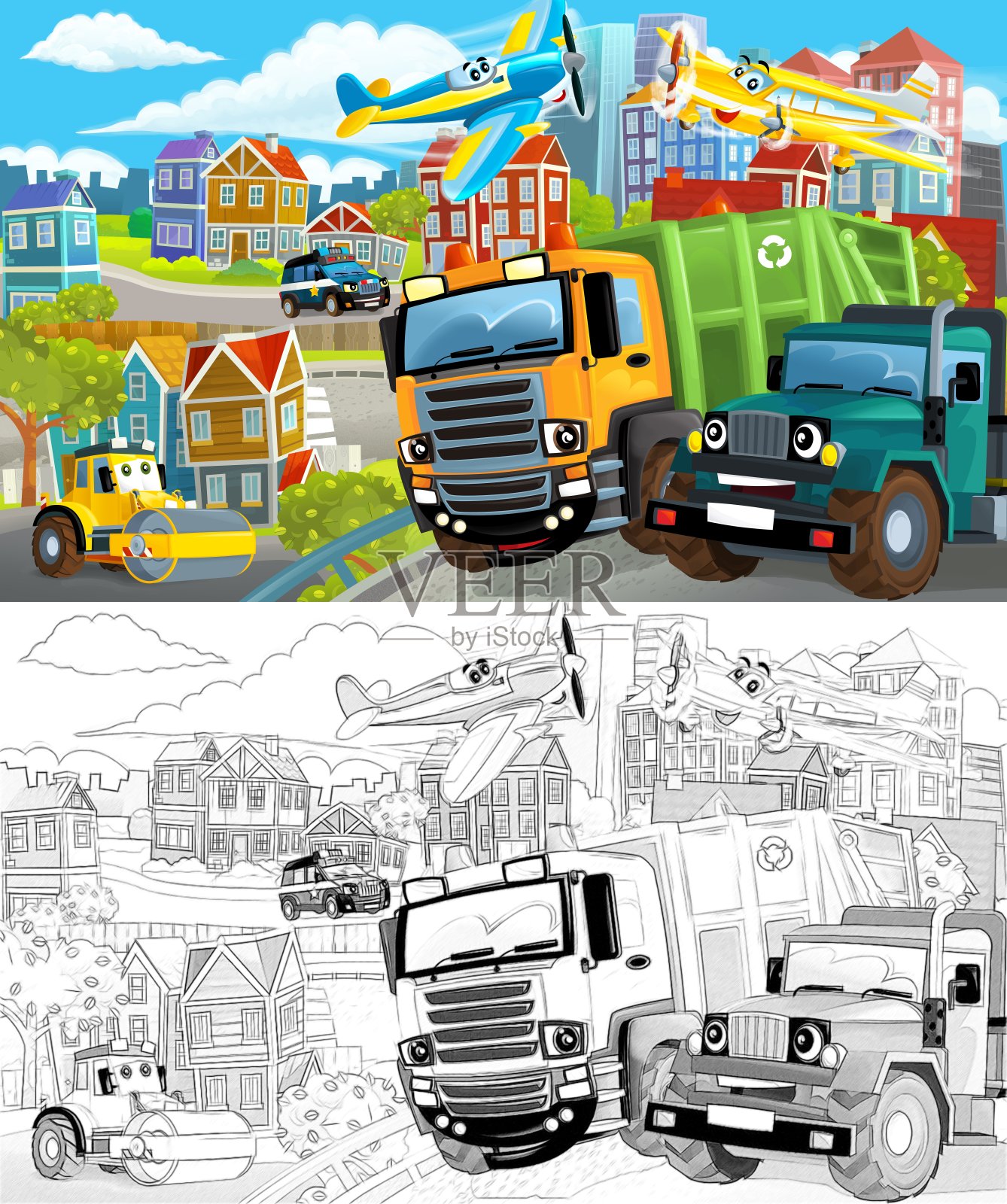 卡通场景素描的中心城市与汽车行驶的插图插画图片素材