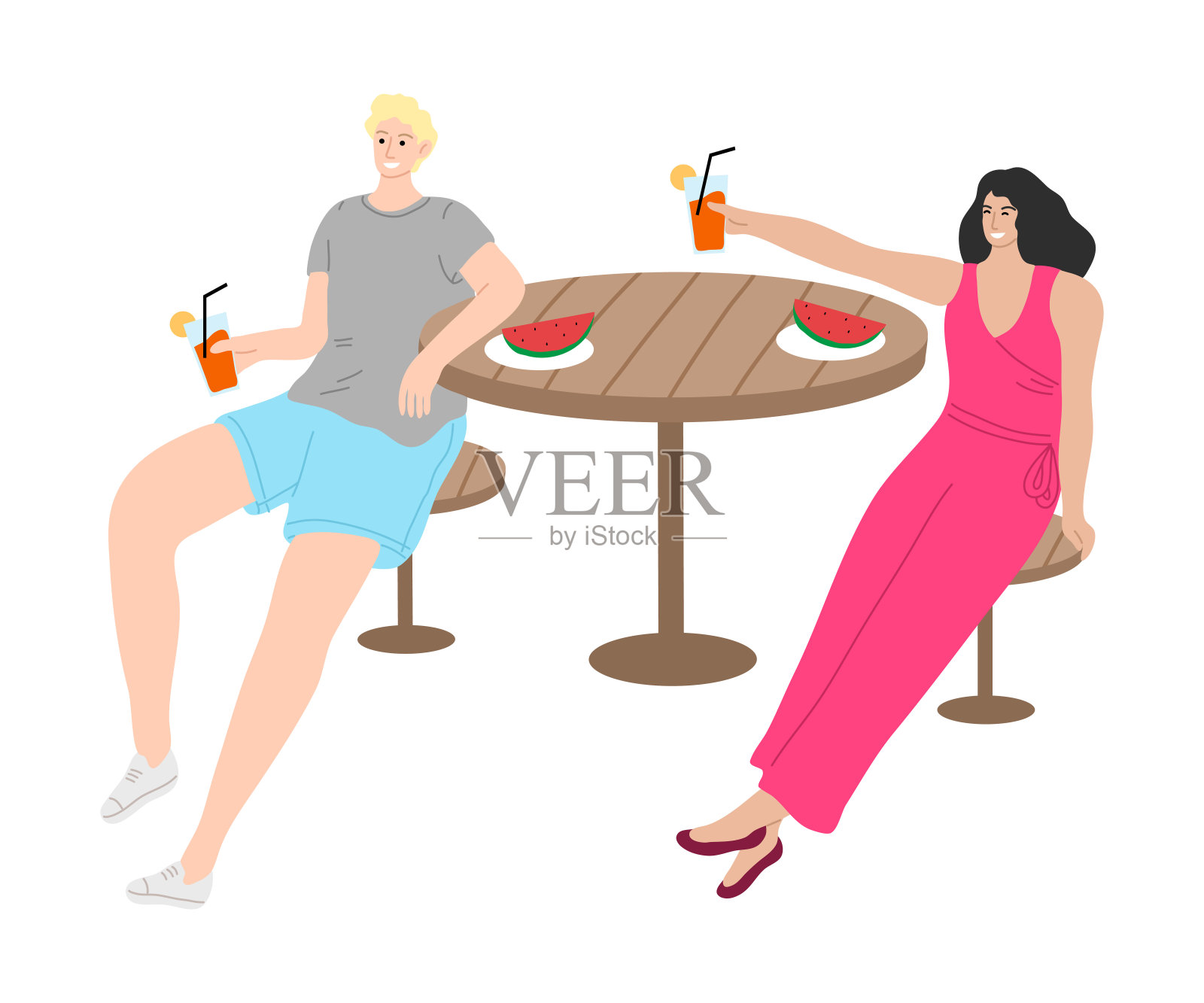 年轻夫妇微笑着喝果汁，吃西瓜在夏季节日插画图片素材