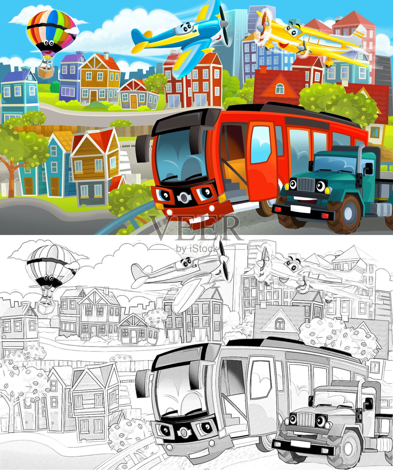 卡通场景素描的中心城市与汽车行驶的插图插画图片素材