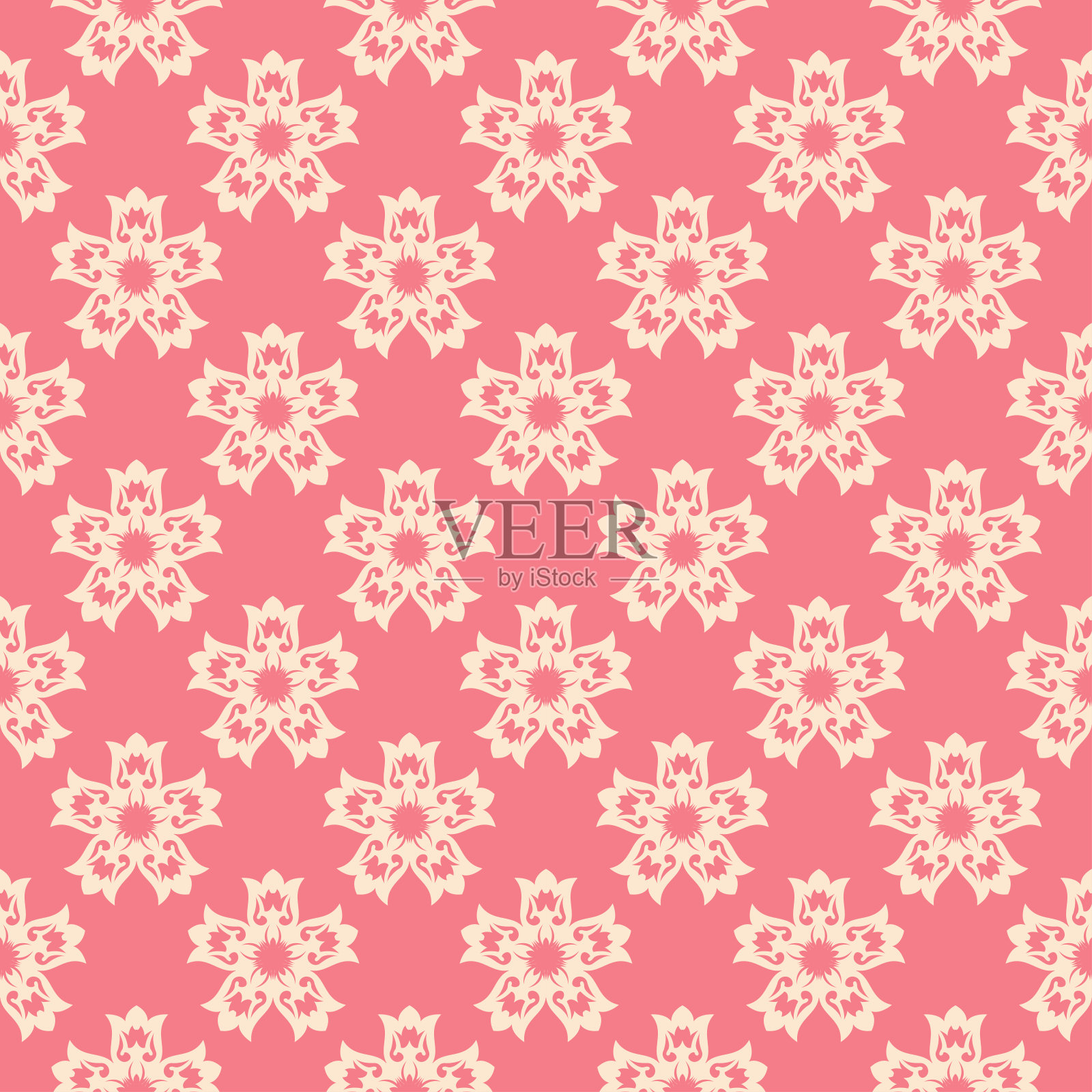花卉无缝模式。粉红色背景上的米色设计插画图片素材