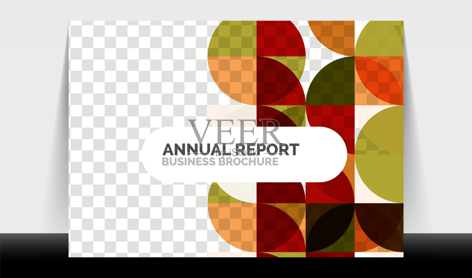 横向A4商业传单年度报告模板，圆形和三角形风格的形状现代几何设计的宣传册布局，杂志或小册子设计模板素材