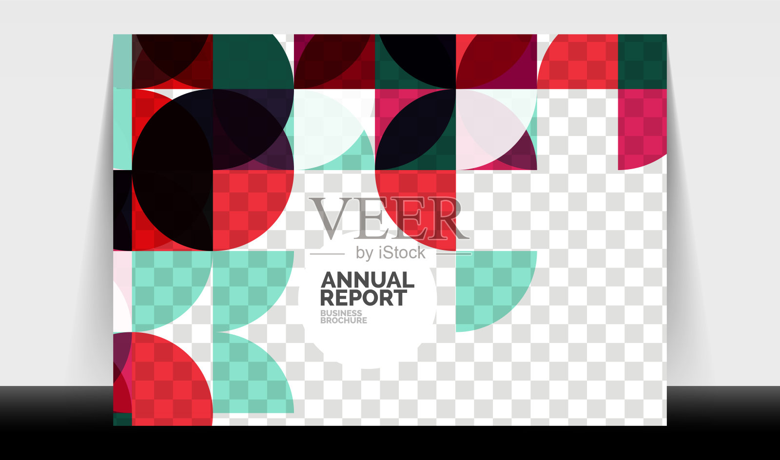 横向A4商业传单年度报告模板，圆形和三角形风格的形状现代几何设计的宣传册布局，杂志或小册子设计模板素材