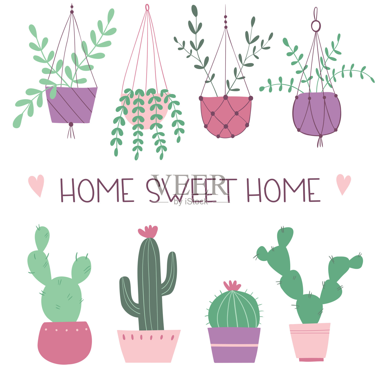 甜蜜的家。一套室内植物和仙人掌。手绘插图在斯堪的纳维亚风格。插画图片素材