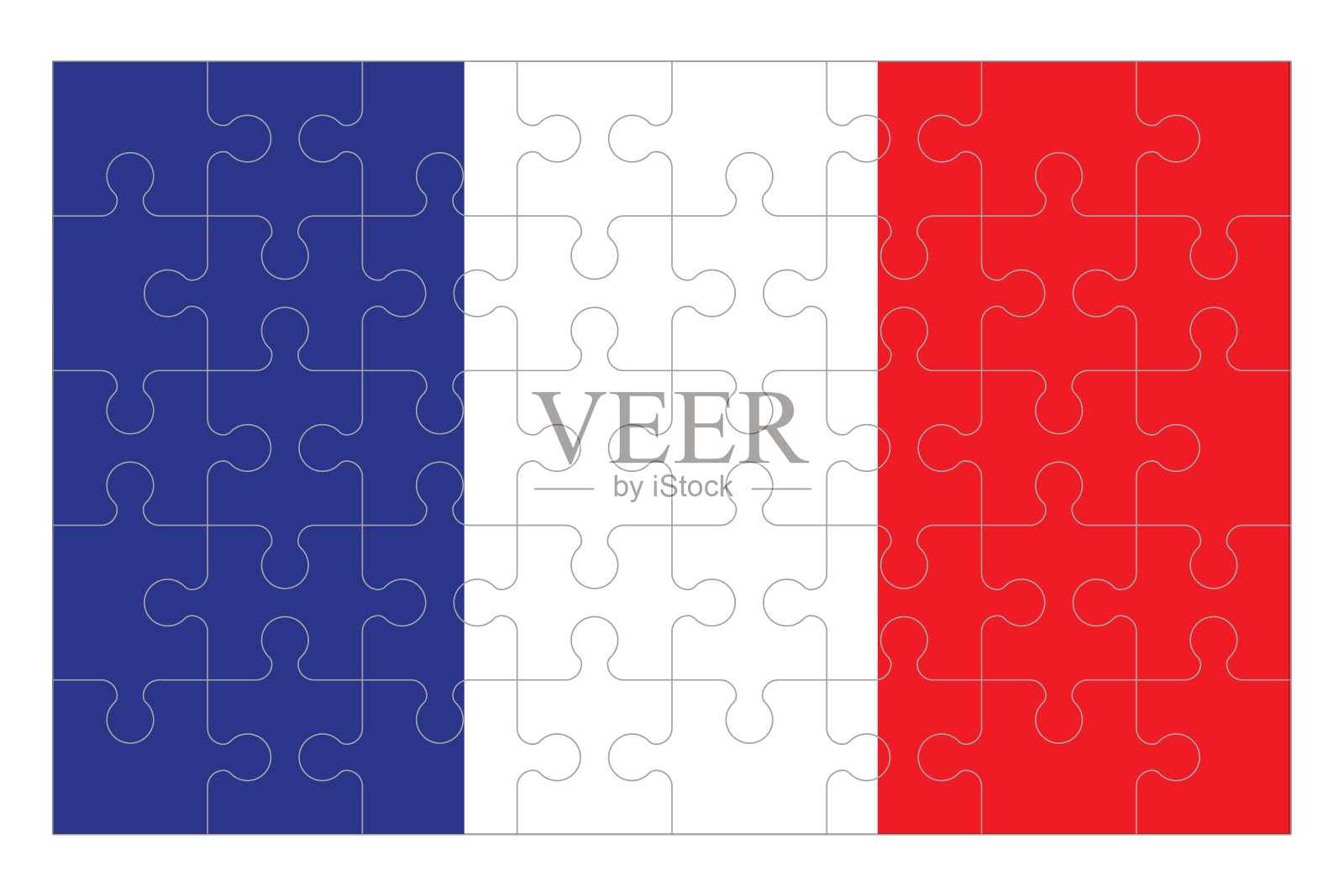 法国国旗与拼图碎片。一套40块拼图。股票矢量插图孤立在白色背景。插画图片素材