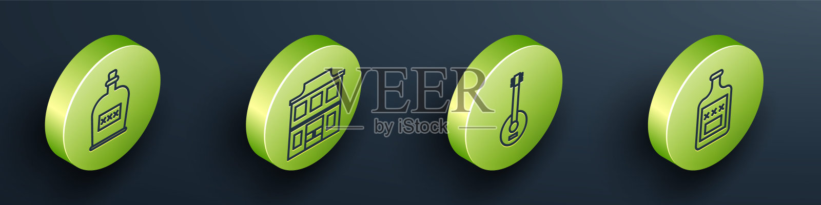 设置等长酒精饮料朗姆酒瓶，狂野西部沙龙，班卓琴和威士忌酒瓶图标。向量图标素材