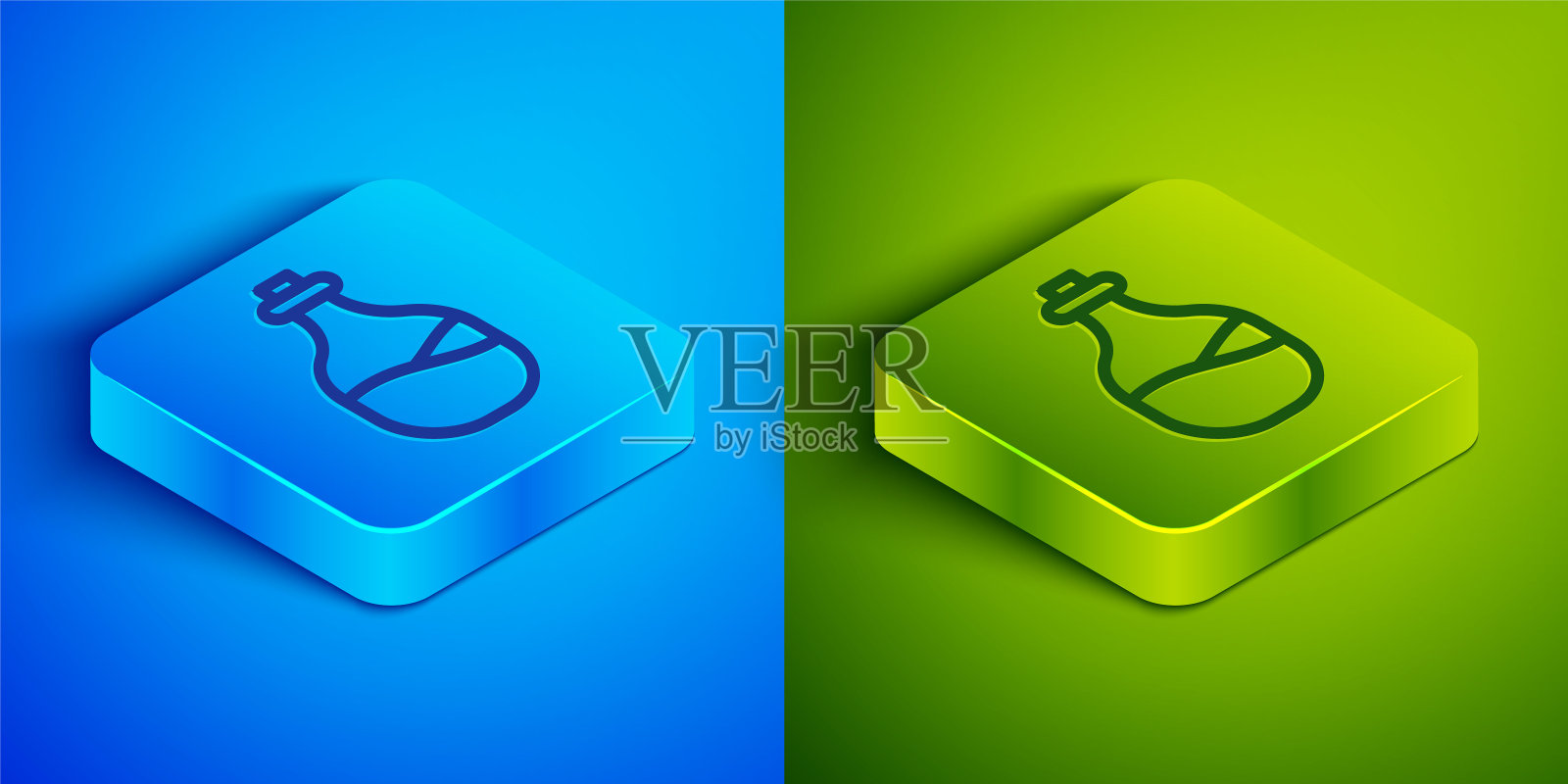 蓝色和绿色背景上孤立的旧酒瓶图标。方形按钮。向量图标素材