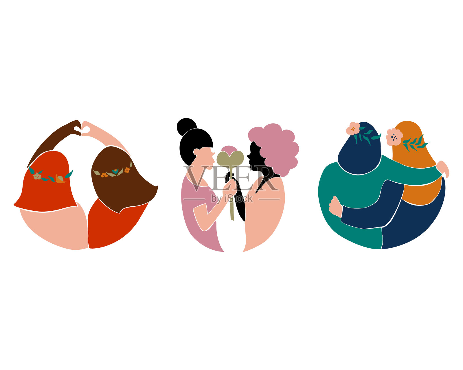 一群不同的女孩在恋爱。永远的朋友。矢量彩色插图的女孩在抽象风格。插画图片素材