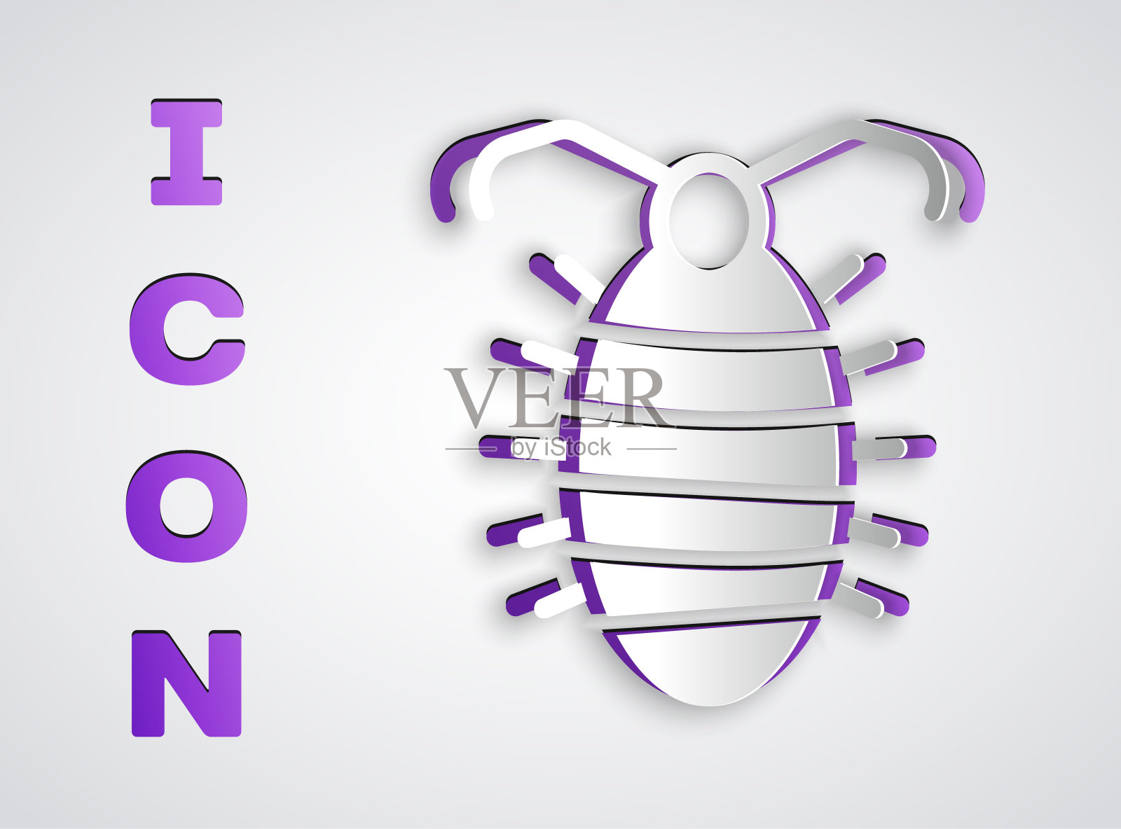 剪纸幼虫昆虫图标孤立在灰色背景。纸艺术风格。向量插画图片素材