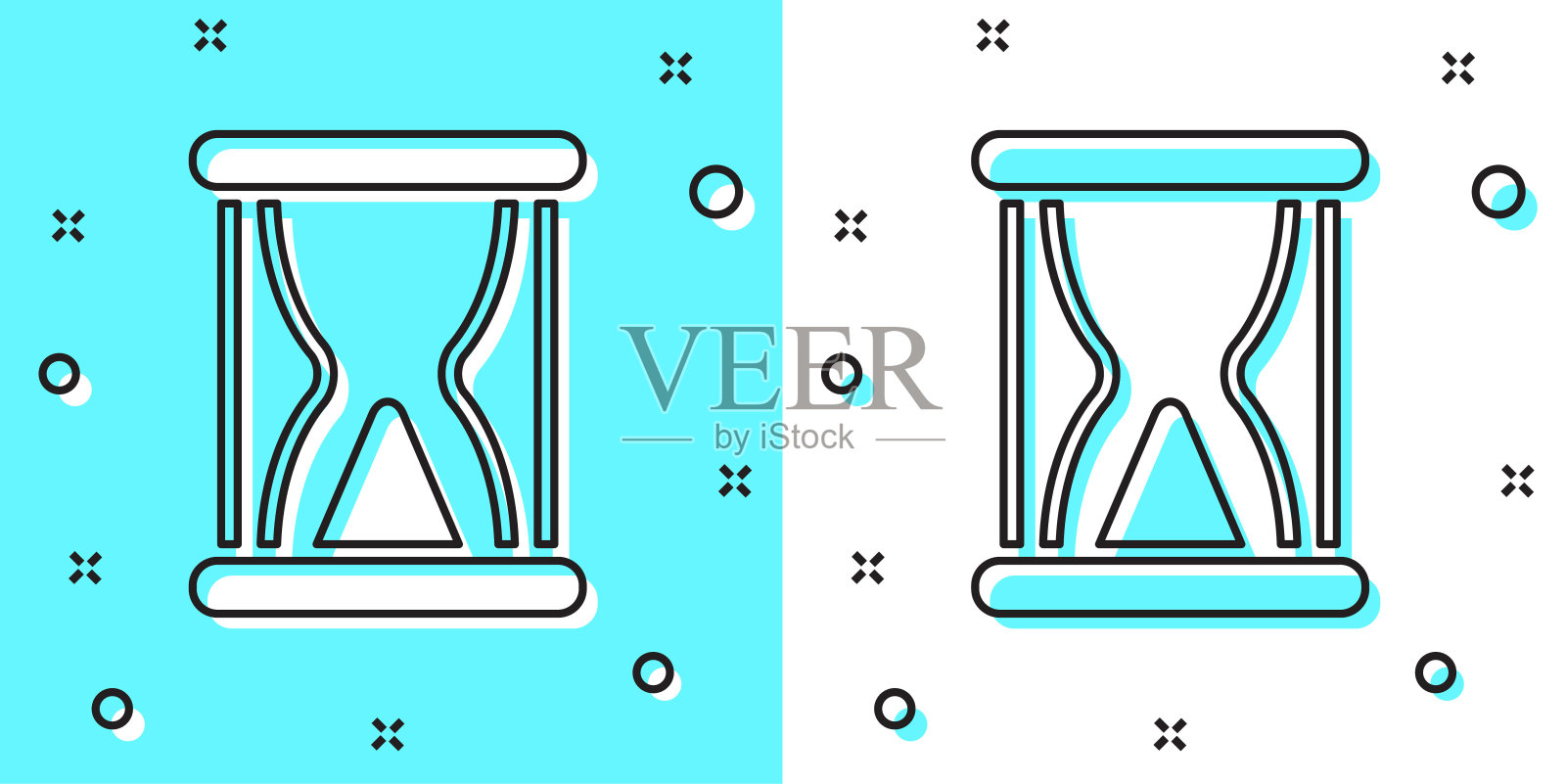 黑色线旧沙漏流沙图标孤立在绿色和白色的背景。沙漏的迹象。业务和时间管理理念。随机动态形状。向量插画图片素材