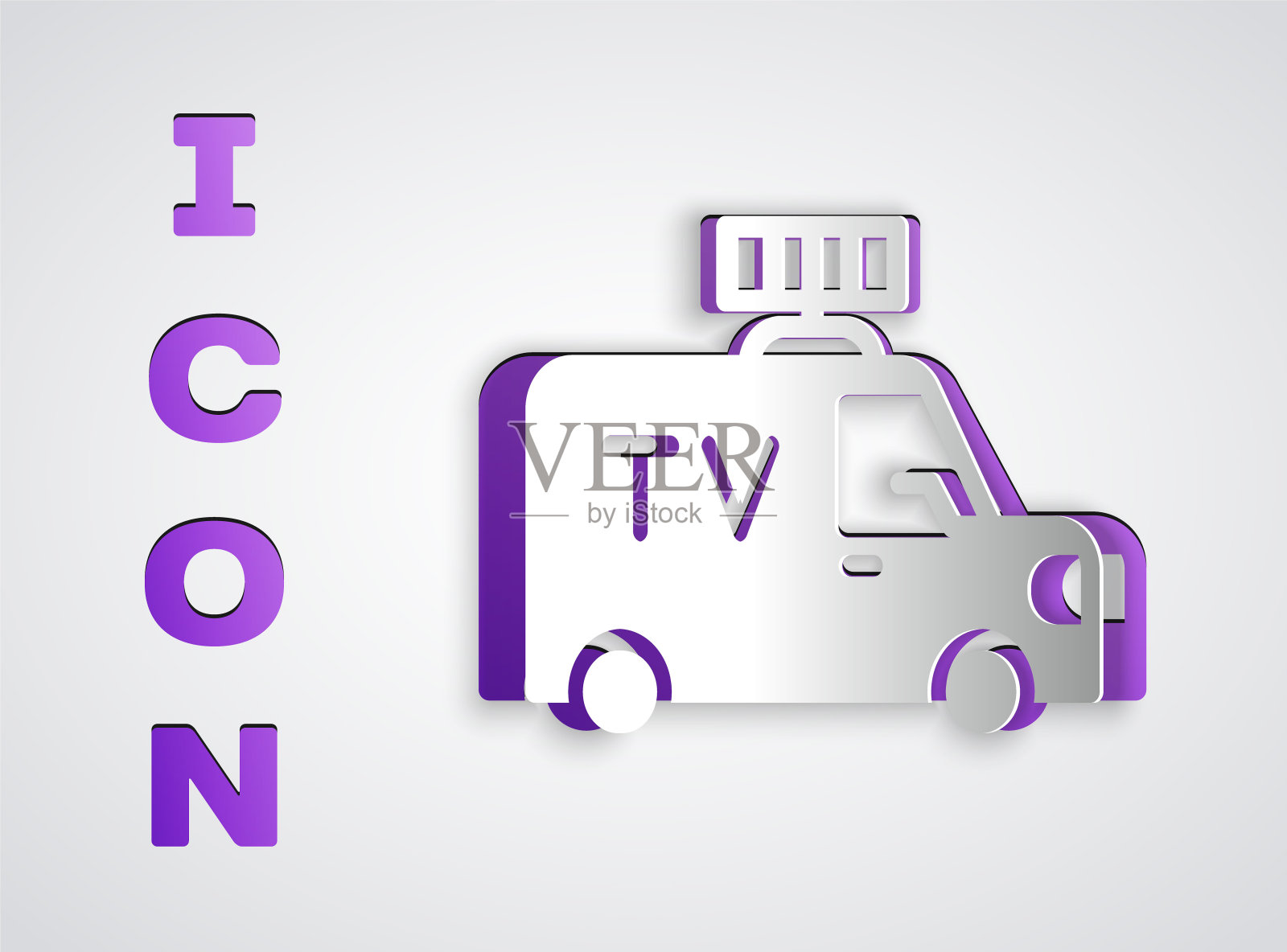 剪纸电视新闻车与设备上的屋顶图标隔离在灰色背景。纸艺术风格。向量图标素材