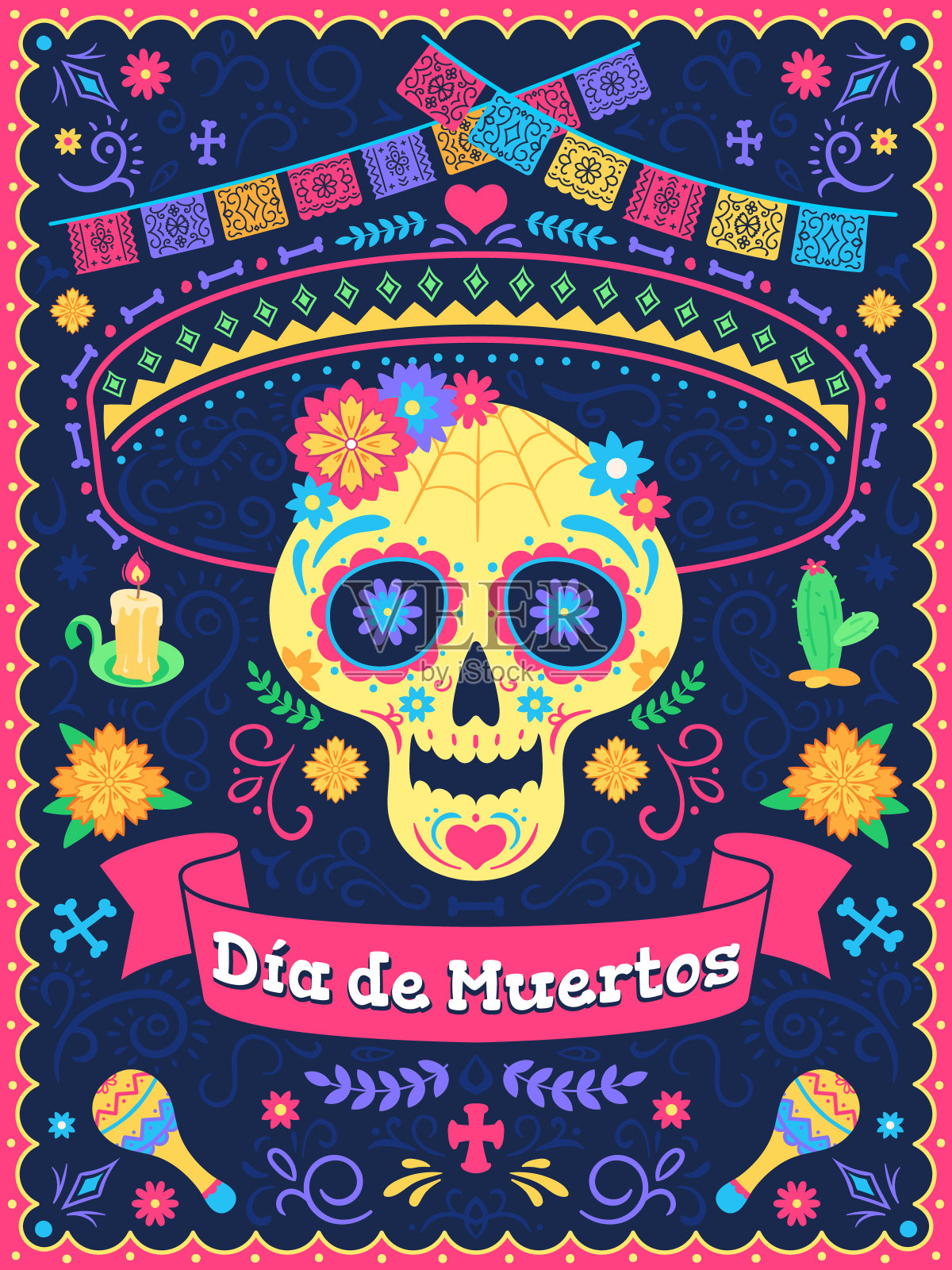 亡灵节的海报。死日假日，骷髅上有鲜花、彩带和文字，传统的墨西哥拉丁节日，矢量背景插画图片素材