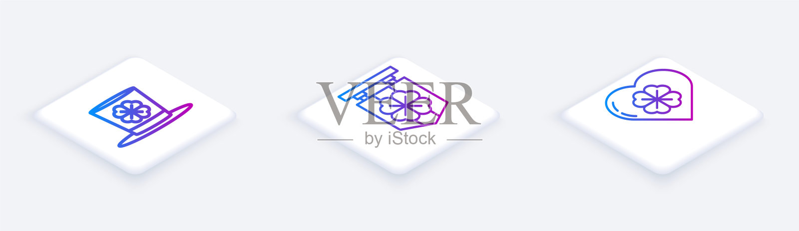 设置等距线，妖精帽和四叶三叶草，街道招牌与四叶三叶草和心与四叶三叶草。白色正方形按钮。向量插画图片素材