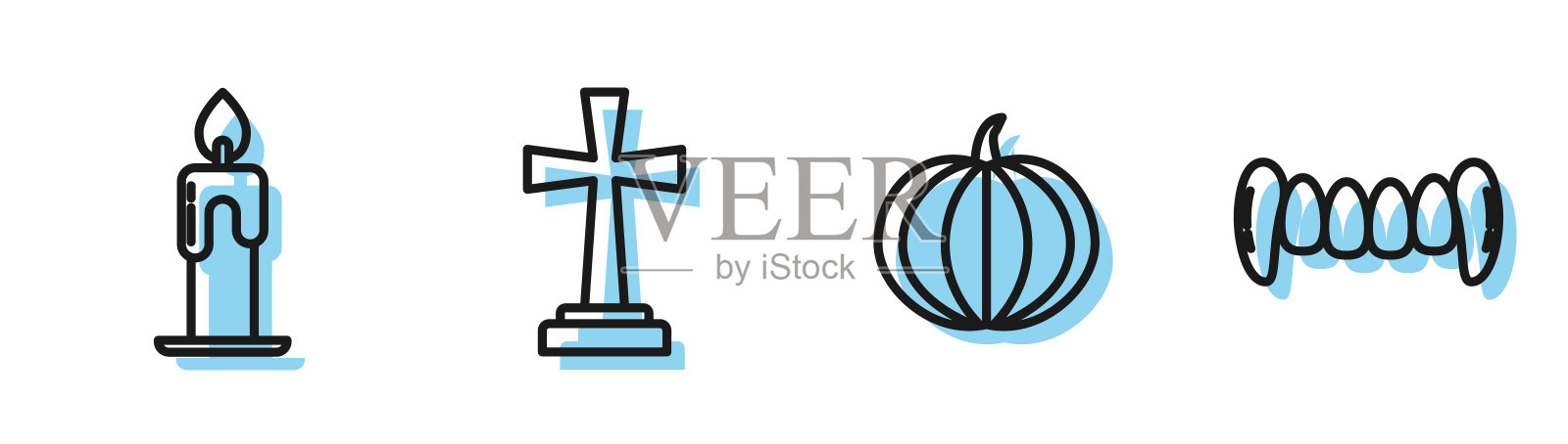 设定线南瓜，燃烧的蜡烛，墓碑与十字架和吸血鬼的牙齿图标。向量插画图片素材