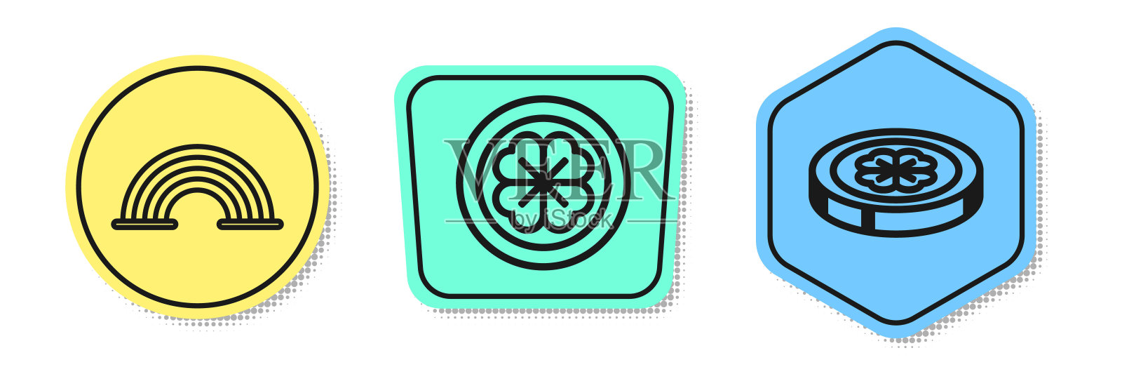 Set line Rainbow, Gold coin with four leaf clover and Gold coin with four leaf clover。颜色的形状。向量插画图片素材