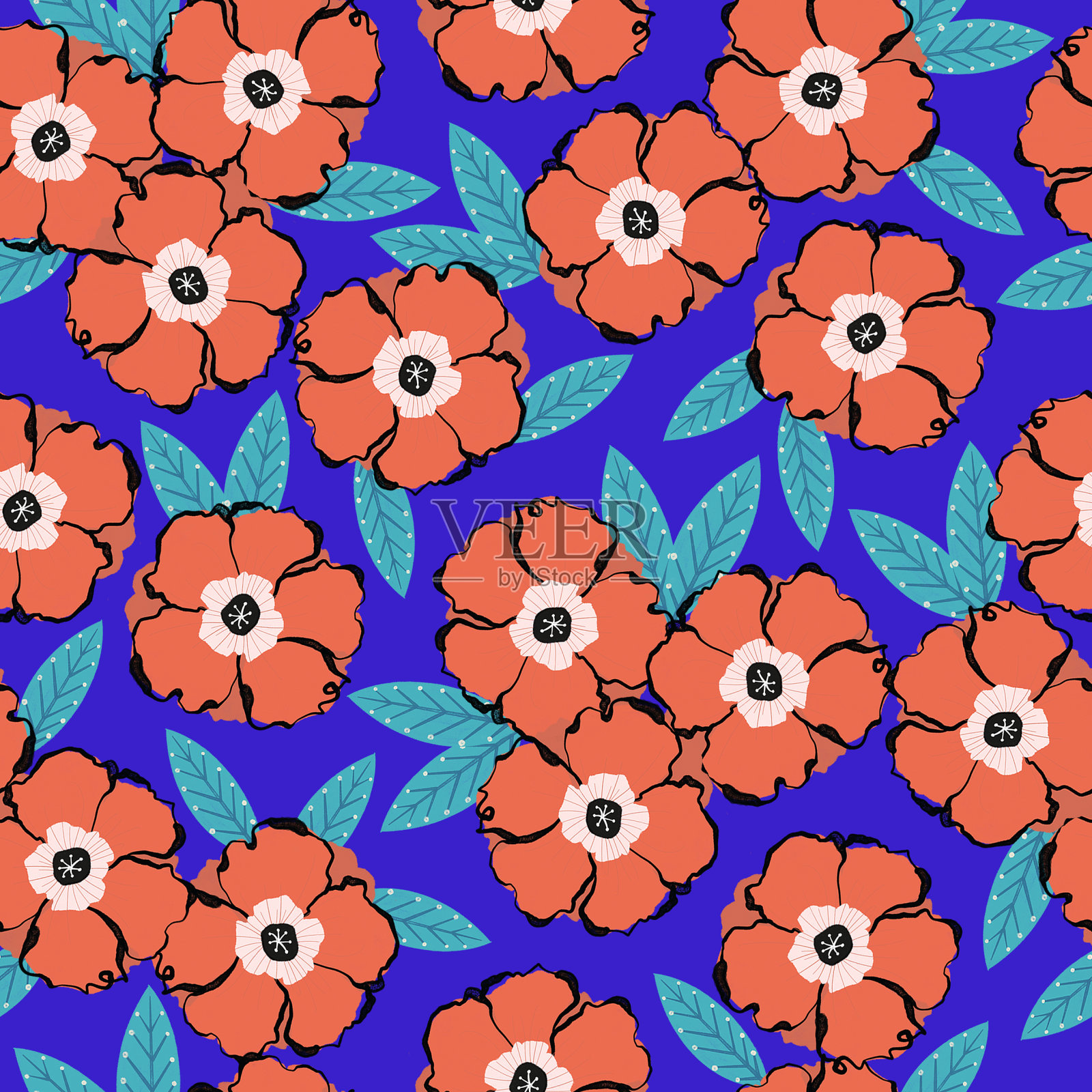 手绘纹理红色花朵无缝重复图案插画图片素材