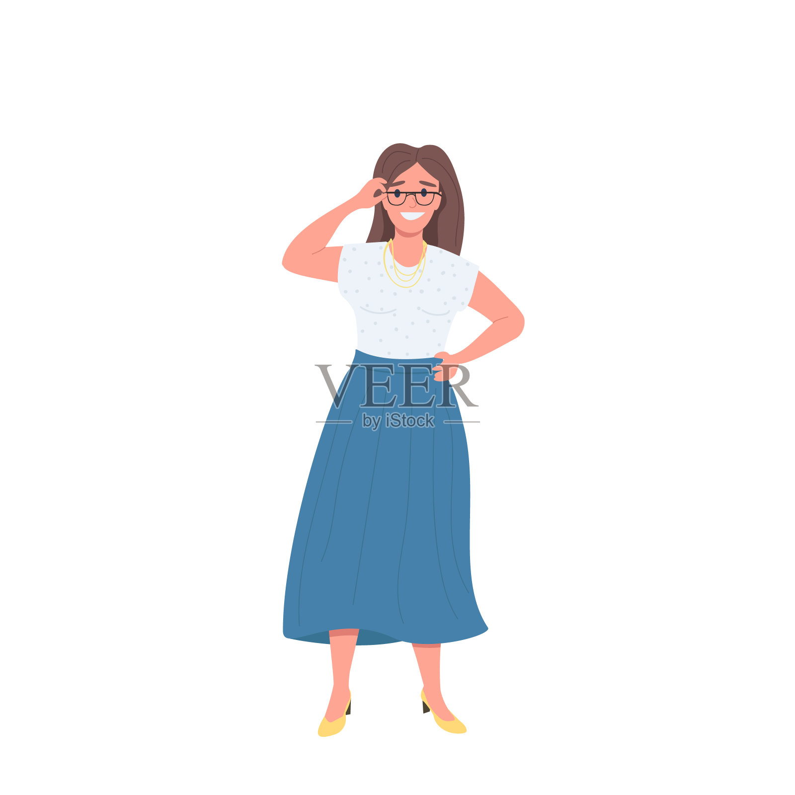 快乐女性与眼镜平面颜色向量无脸性格插画图片素材