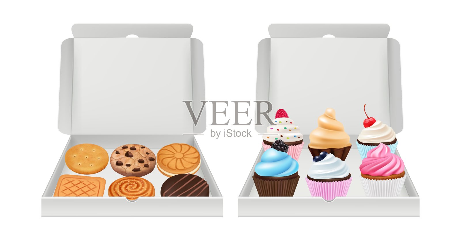逼真的纸杯蛋糕和饼干。饼干松饼包装，奶油和巧克力烘焙产品在白色盒子矢量插图插画图片素材