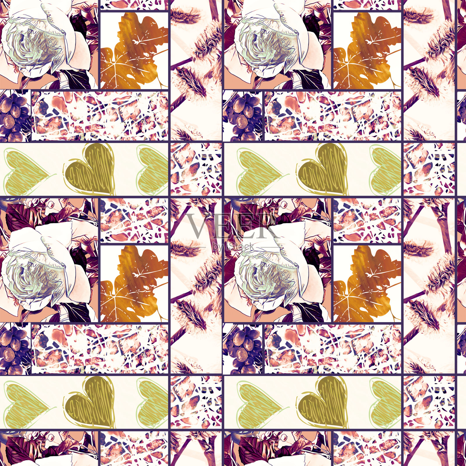 玫瑰、叶子、葡萄、心形和柳树的拼接，图案天衣无缝。插画图片素材