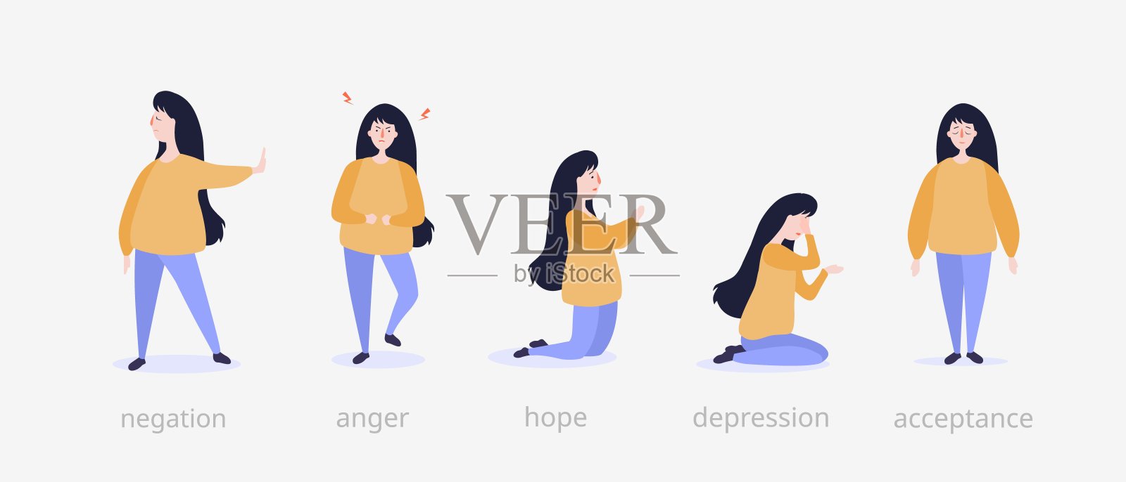 悲伤五个阶段插图：女孩否认、愤怒和希望插画图片素材
