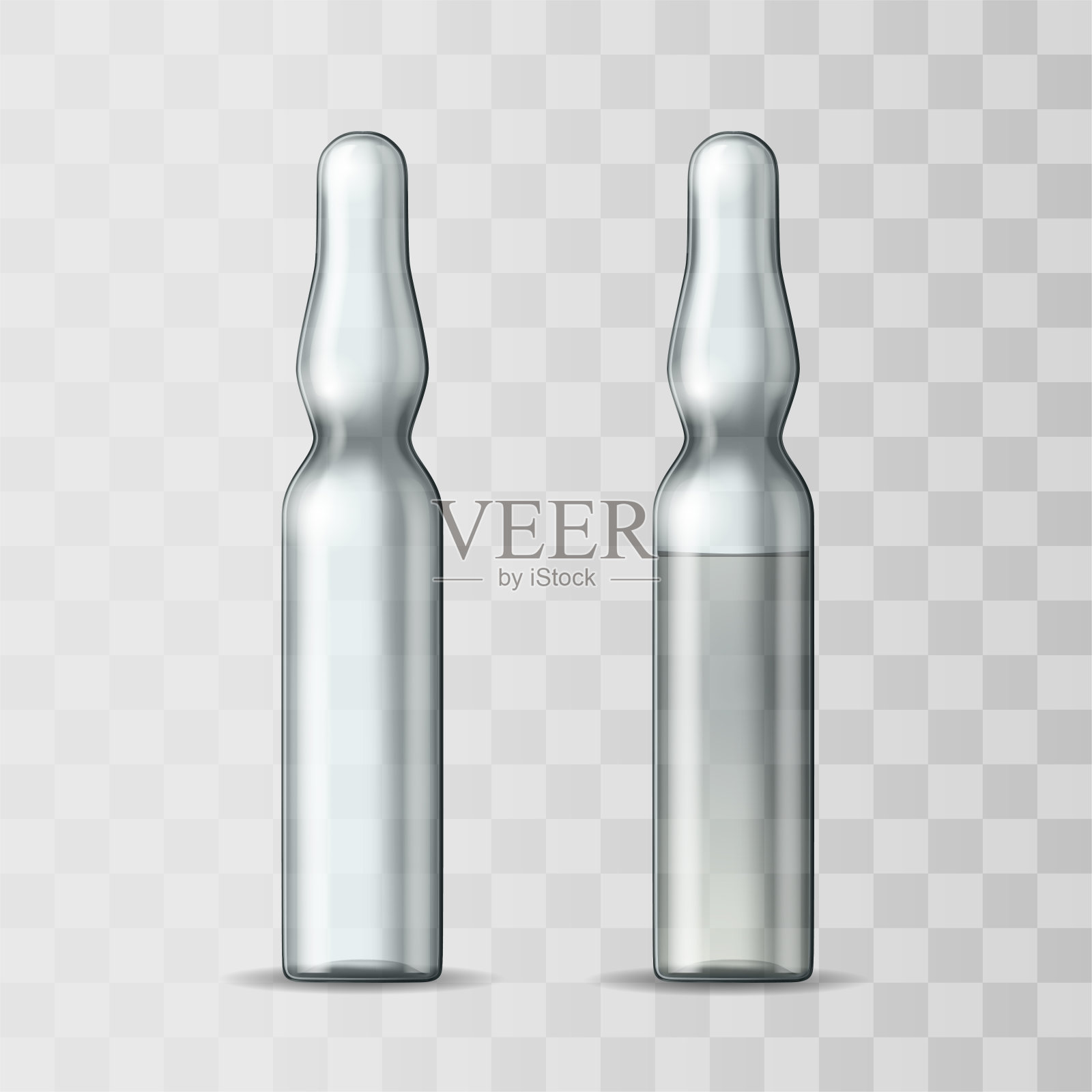 空的透明玻璃安瓿和安瓿与疫苗或药物用于医疗。插画图片素材